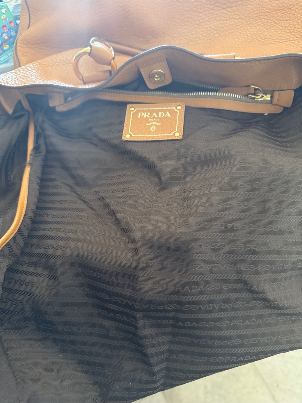 Prada Carmel Pebbled Leather Tote with Black Lined Interior - Picture 4 of 10